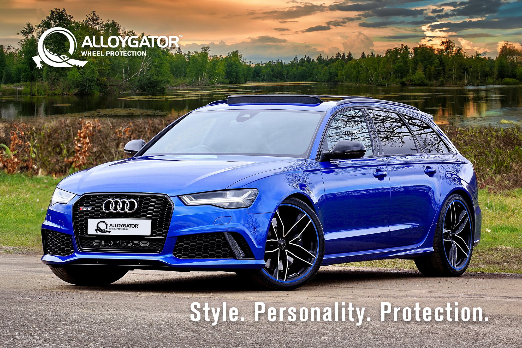 Sleek blue Audi R8 adorned with matching blue AlloyGators, exemplifying seamless style integration and protection for a sporty look.